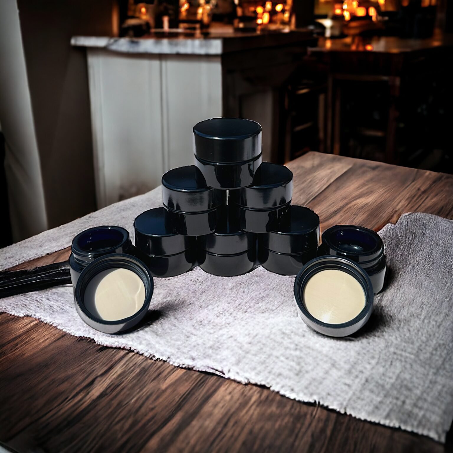 5ml UV Glass Jars pyramid stack on wooden table with PTFE lids