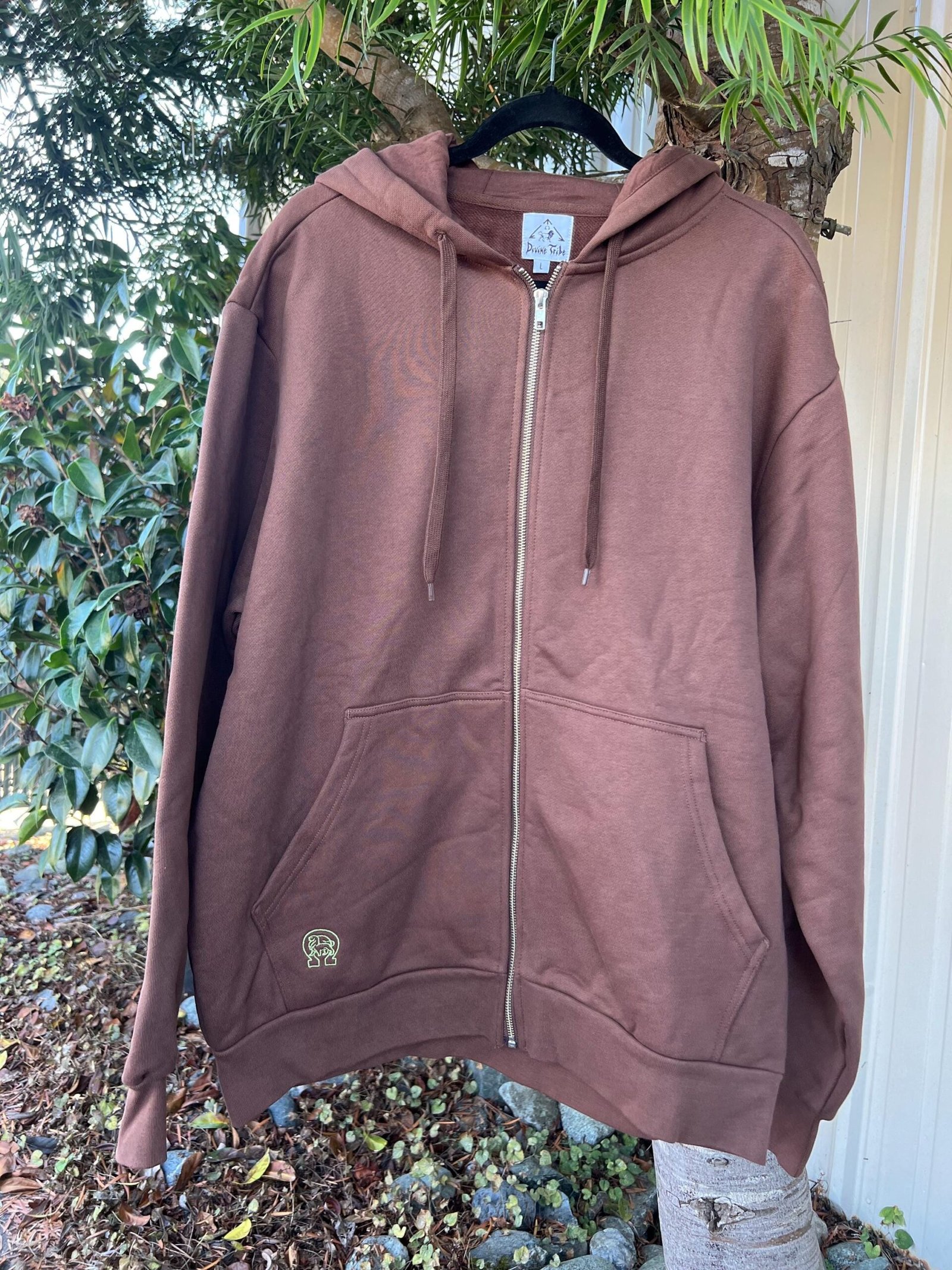 Divine Tribe Hemp Zip Up Hoodie on hanger