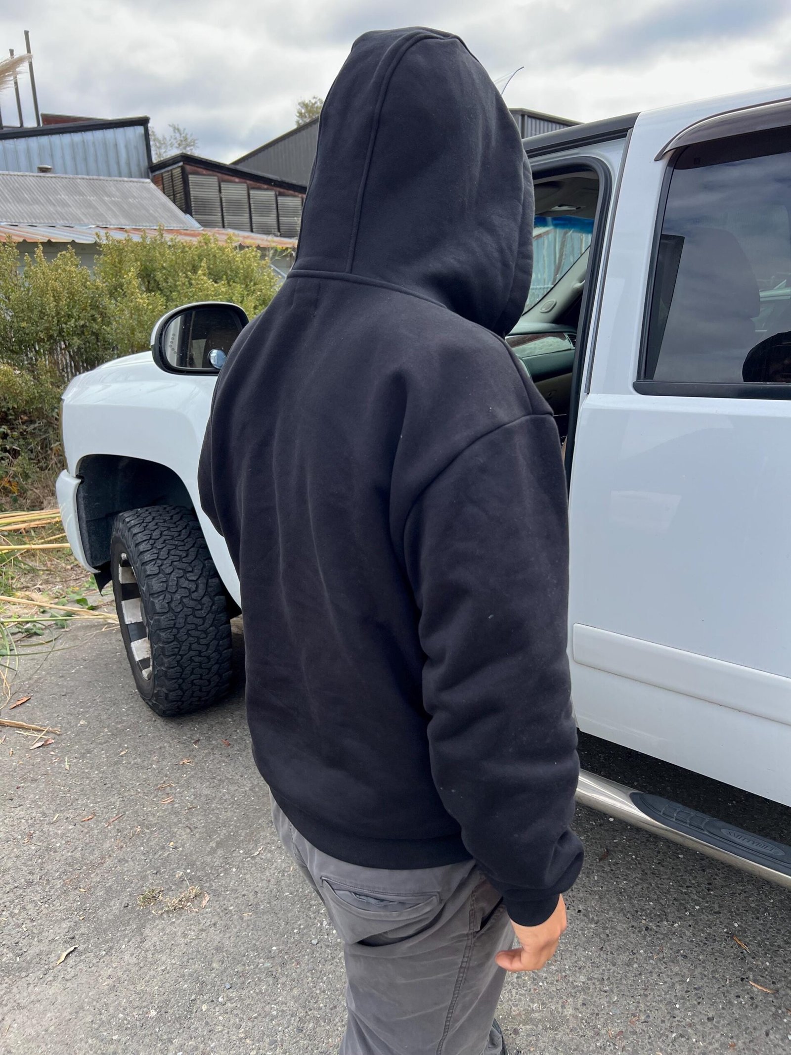 Hemp Zip Up Hoodie hood up outdoors